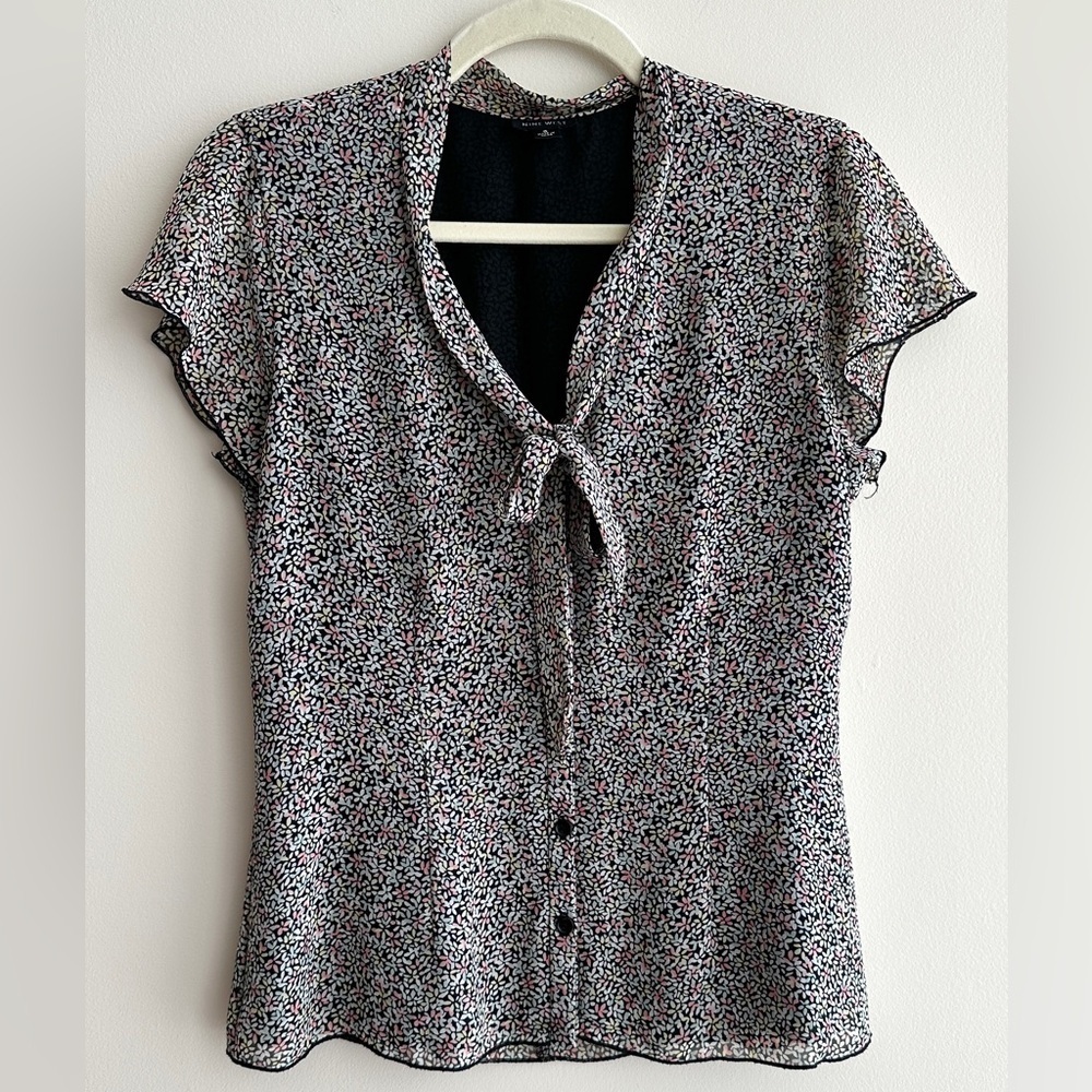 Nine West Floral Button Down Blouse, Multicolor Ribbon Tie Top, Size 6
